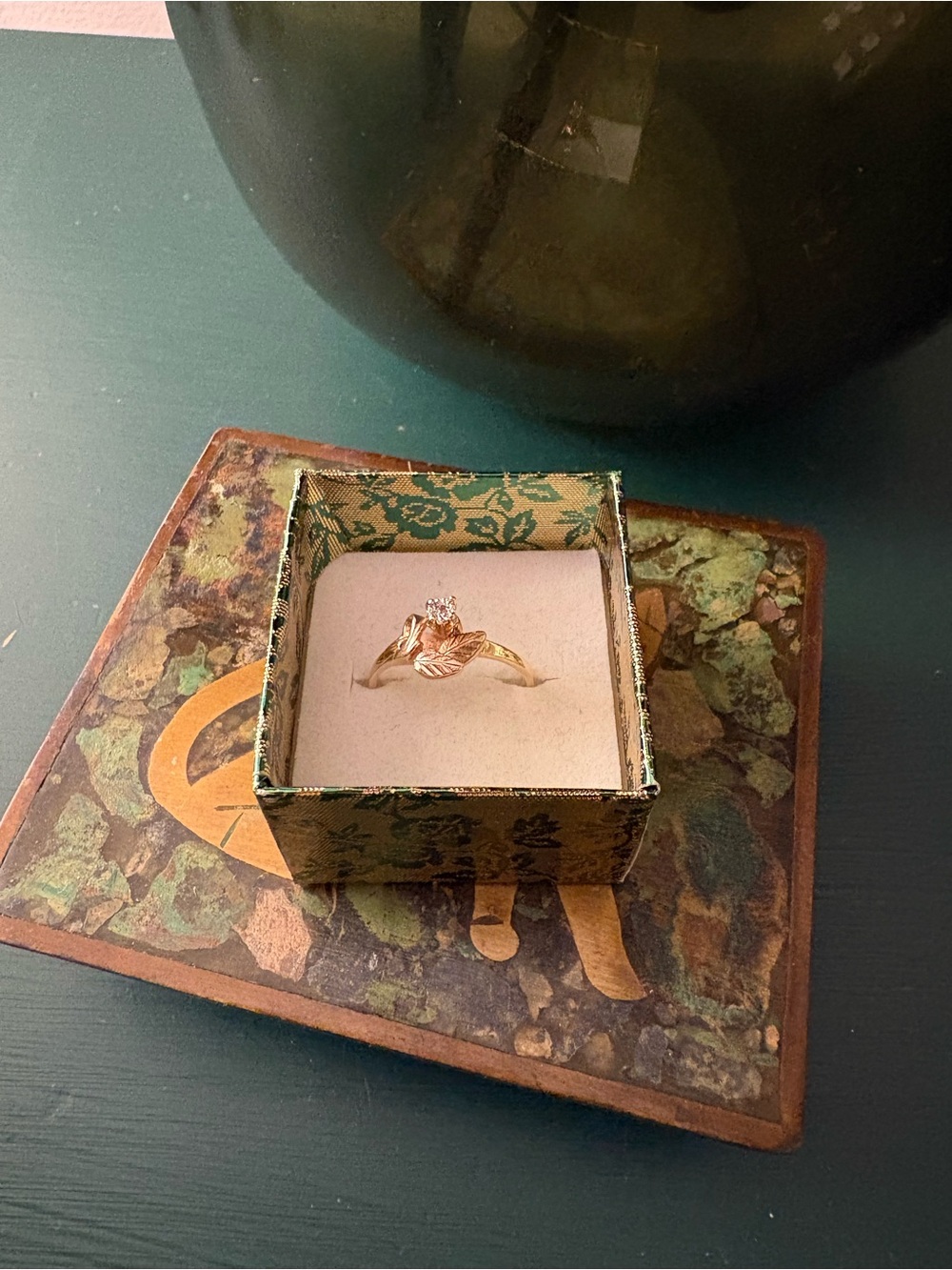 Black Hills Gold 10k Gold Leaf Ring with Small Diamond Stone